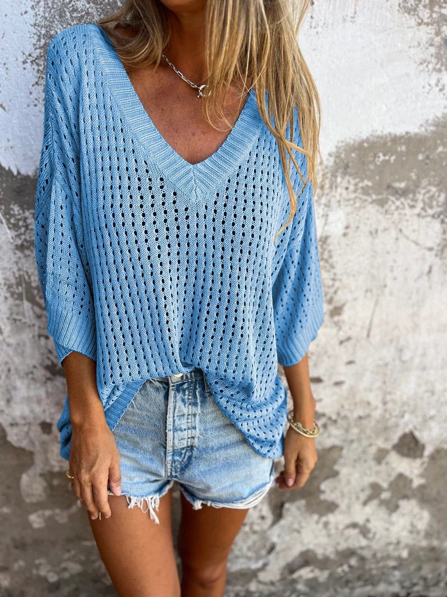 Damen nan luftig gestrickter V-Ausschnitt Pullover im Oversize-Schnitt EB
