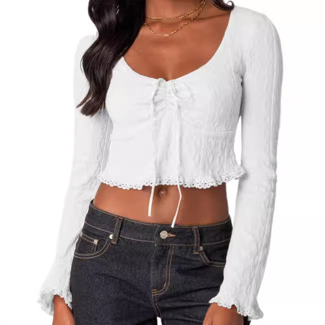 Damen Cropped Top mit Schnüroptik und Spitzenverzierungen EB