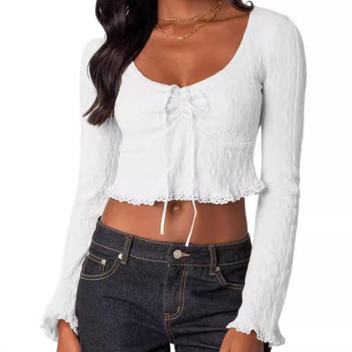 Damen Cropped Top mit Schnüroptik und Spitzenverzierungen EB