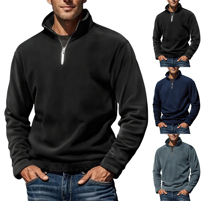 Herren nan Fleece-Halbzippullover mit Stehkragen und Rippbündchen EB