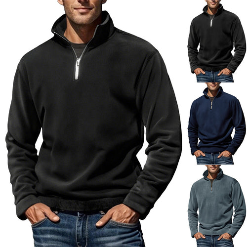 Herren nan Fleece-Halbzippullover mit Stehkragen und Rippbündchen EB