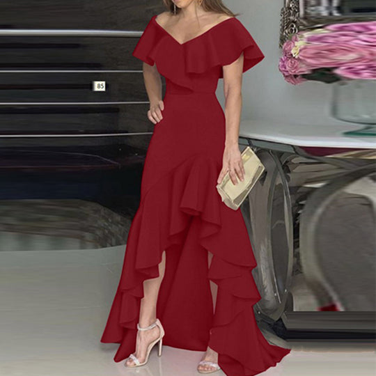 Damen Maxi-Kleid mit Volant-Details und elegantem V-Ausschnitt EB
