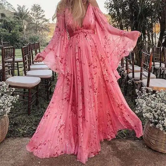 Damen Luftiges Maxi-Kleid mit floralen Akzenten und schwingenden Ärmeln EB