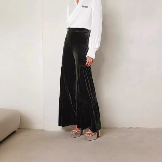 Damen Elegante Samt-Hosen mit Weitem Bein und Hohem Bund EB