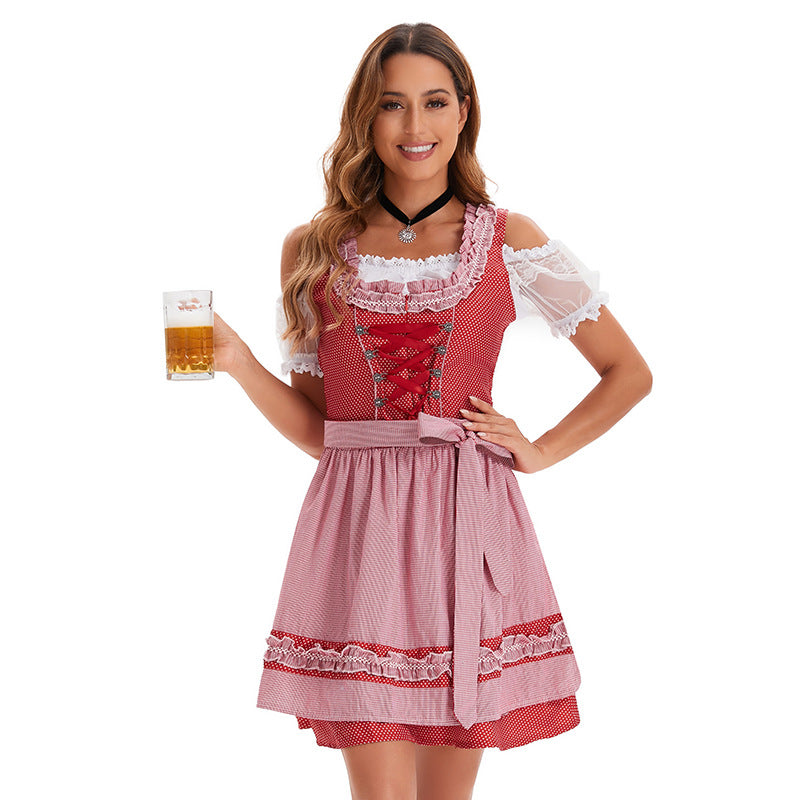 Damen nan kurzes traditionelles Dirndlkleid mit Korsett-Schnürung Spitzendetails und bindbarer Schürze EB