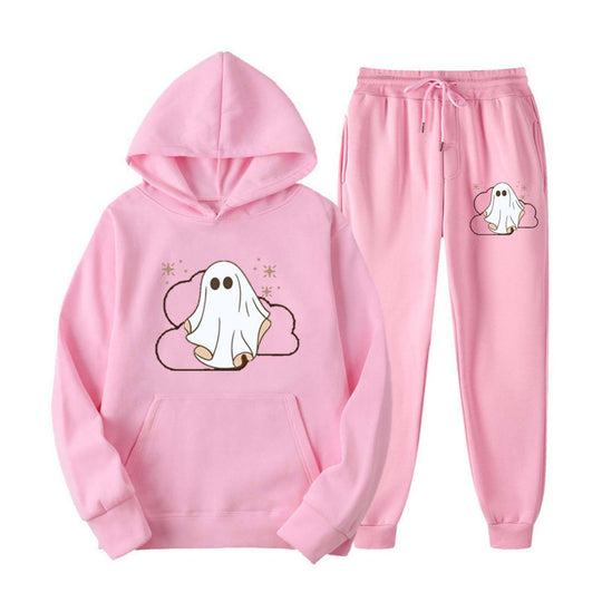 Unisex nan kuscheliger Kapuzenpullover und Jogginghose Set mit Halloween-Geistprint EB