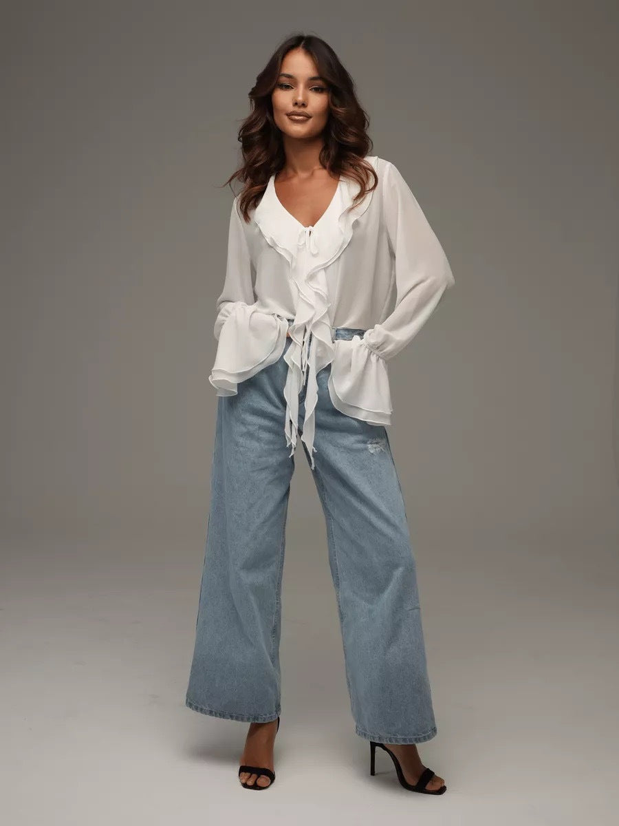 Damen leichtes Chiffon-Blusenshirt mit Rüschen und Kordelzug EB