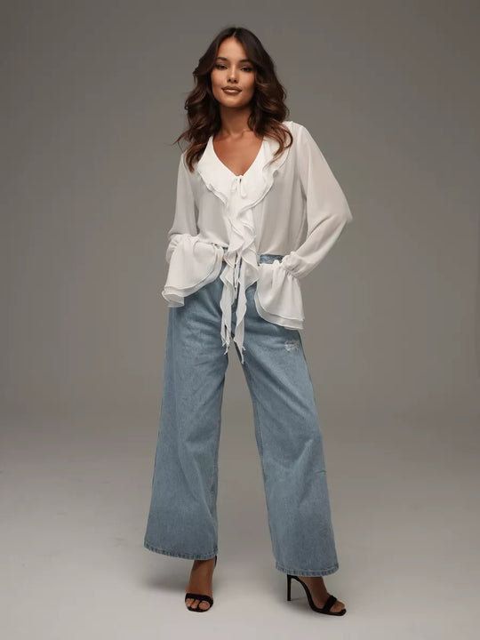 Damen leichtes Chiffon-Blusenshirt mit Rüschen und Kordelzug EB