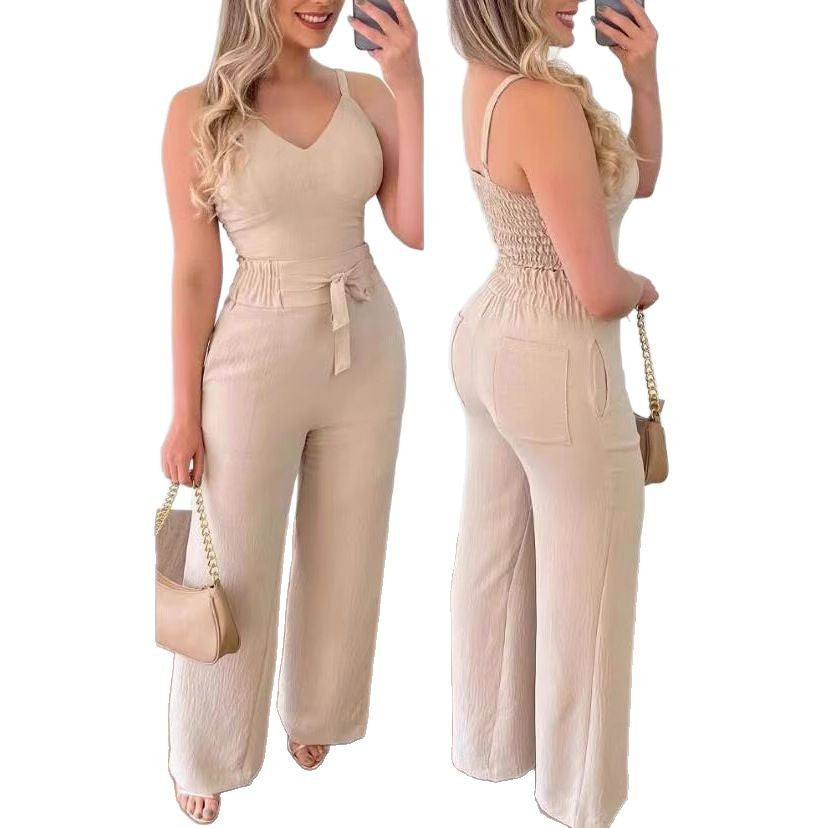 Damen Jumpsuit mit breiten Beinen und Schärpe EB