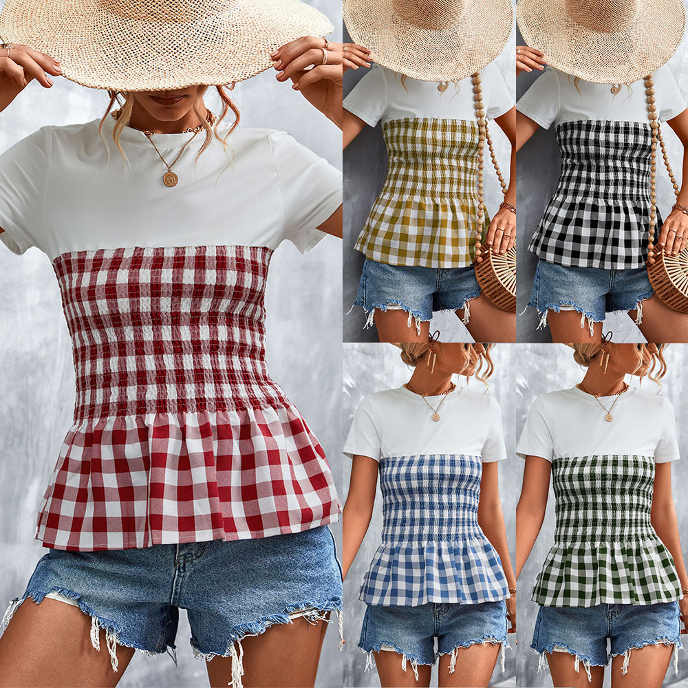 Damen Peplum-Oberteil mit kariertem Stoff und elastischer Taillierung EB