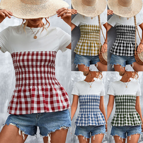 Damen Peplum-Oberteil mit kariertem Stoff und elastischer Taillierung EB