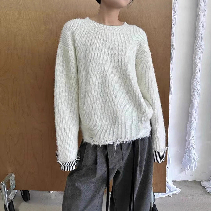 Damen Grob gestrickter Pullover mit einzigartigen Kontrastarmabschlüssen und lässigem Schnitt EB