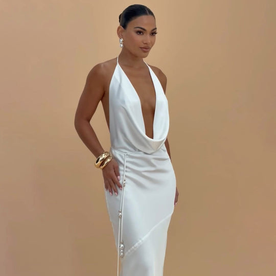 Damen Elegantes Wickelkleid mit schickem Wasserfall-Ausschnitt und perlenverziertem Detail EB