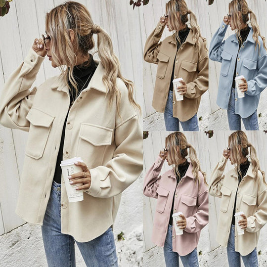 Damen Modische Oversized-Jacke mit Taschen und Knopfverschluss EB
