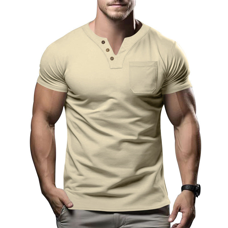 Herren nan körperbetontes Baumwollstretch-Kurzarmshirt mit Split-V-Ausschnitt dekorativer Knopfleiste und Brusttasche EB