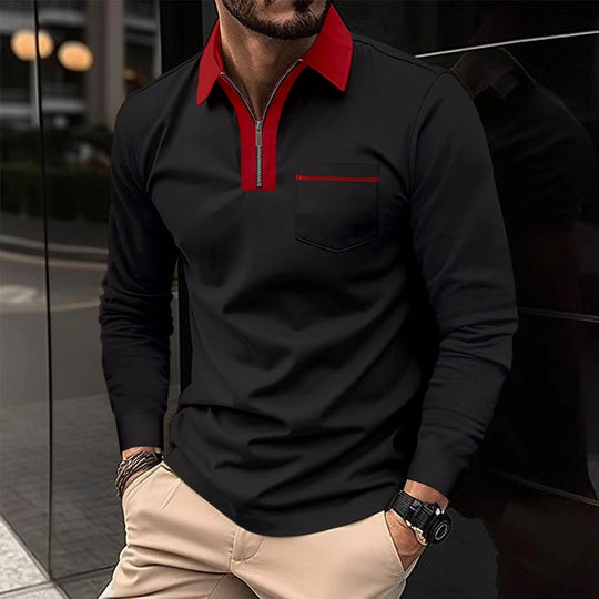 Herren Langarm-Poloshirt mit Halbzip, Kontrastkragen & Brusttasche EB