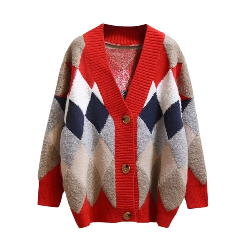 Damen Grobstrick Cardigan mit geometrischem Muster und großen Taschen EB