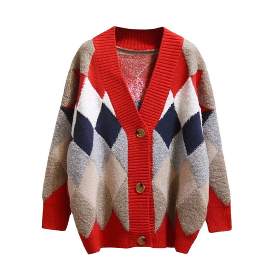 Damen Grobstrick Cardigan mit geometrischem Muster und großen Taschen EB