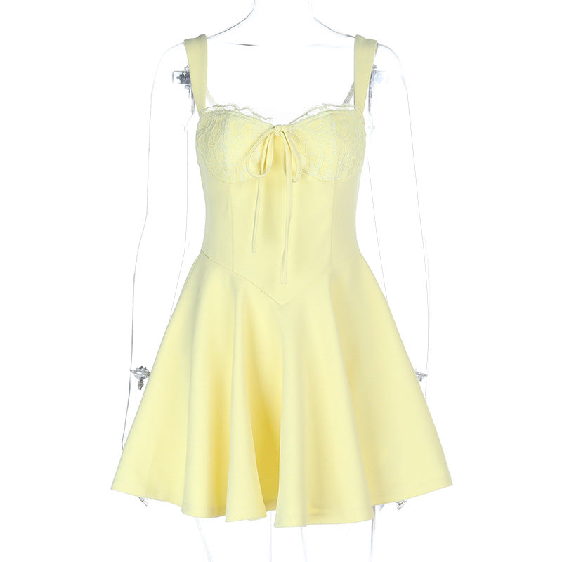 Damen verspieltes Sommerkleid mit Spitzenoberteil und Taillenknoten EB