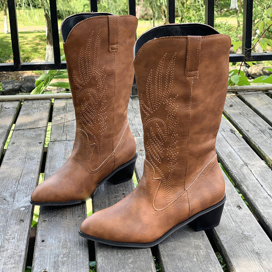 Damen Cowboy-Stiefel mit hohem Absatz und kunstvollen Stickereien EB