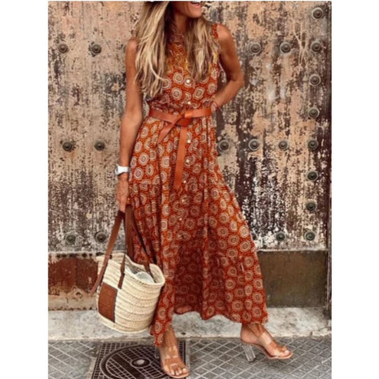 Damen Bohemian Maxi Kleid mit verstellbarem Gürtel EB