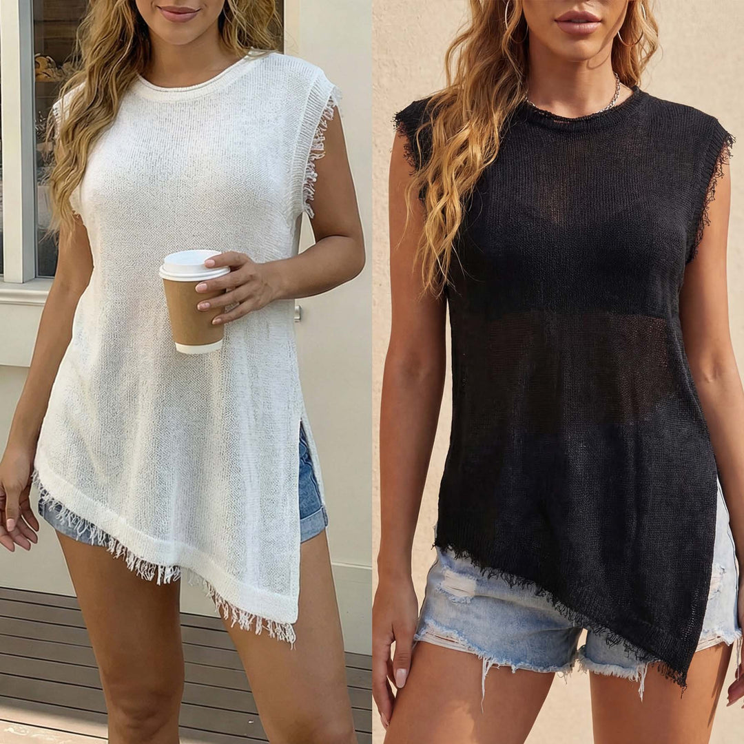 Damen lässiges Leinen-Top mit fransigen Details EB