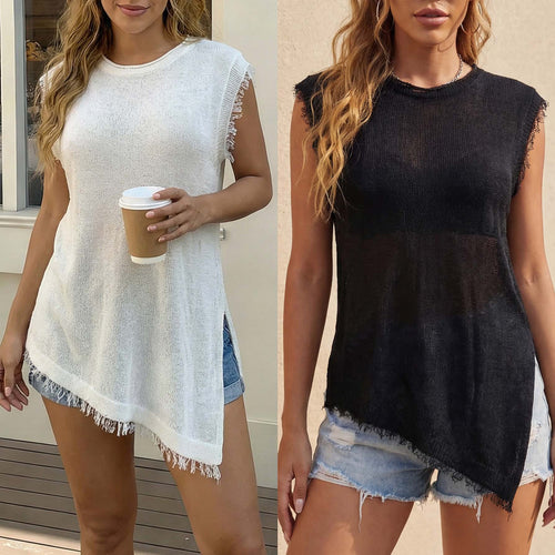 Damen lässiges Leinen-Top mit fransigen Details EB