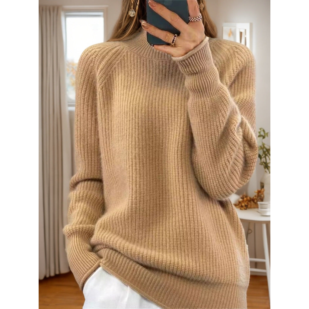 Damen nan kuscheliger Strickpullover mit Stehkragen und Rippstruktur EB