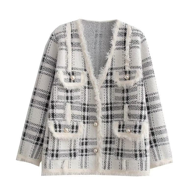 Damen modische Langenjacke mit Karomuster und eleganten Knopfdetails EB