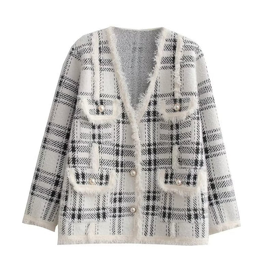 Damen modische Langenjacke mit Karomuster und eleganten Knopfdetails EB