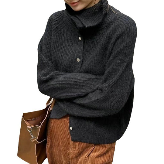 Damen Strickjacke mit hohem Kragen und Knopfverschluss EB