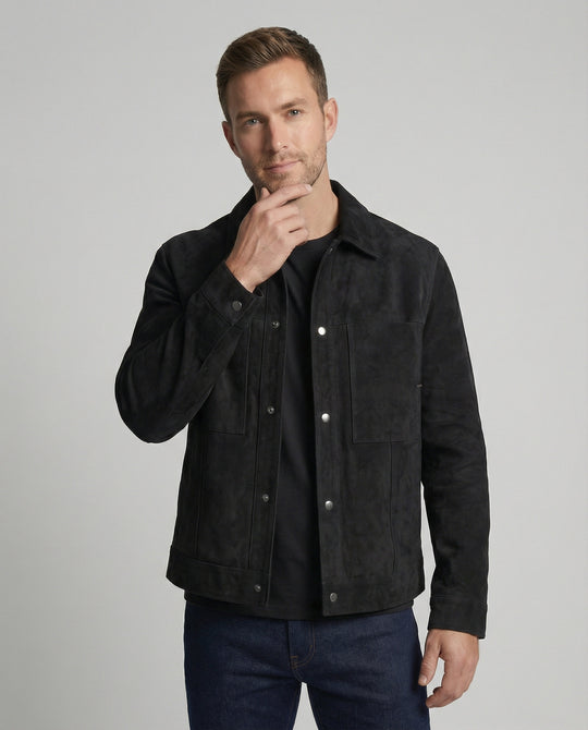 Herren dick gefütterte Wildlederoptik Hemdjacke mit Druckknöpfen und aufgesetzten Brusttaschen EB