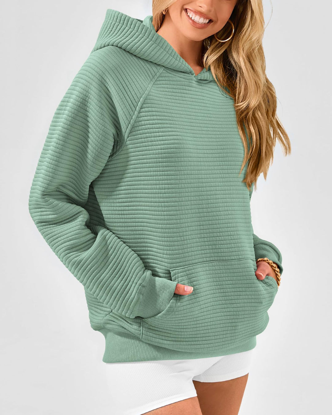Damen Kuscheliger Waffelpullover mit Kapuze und Kängurutasche EB