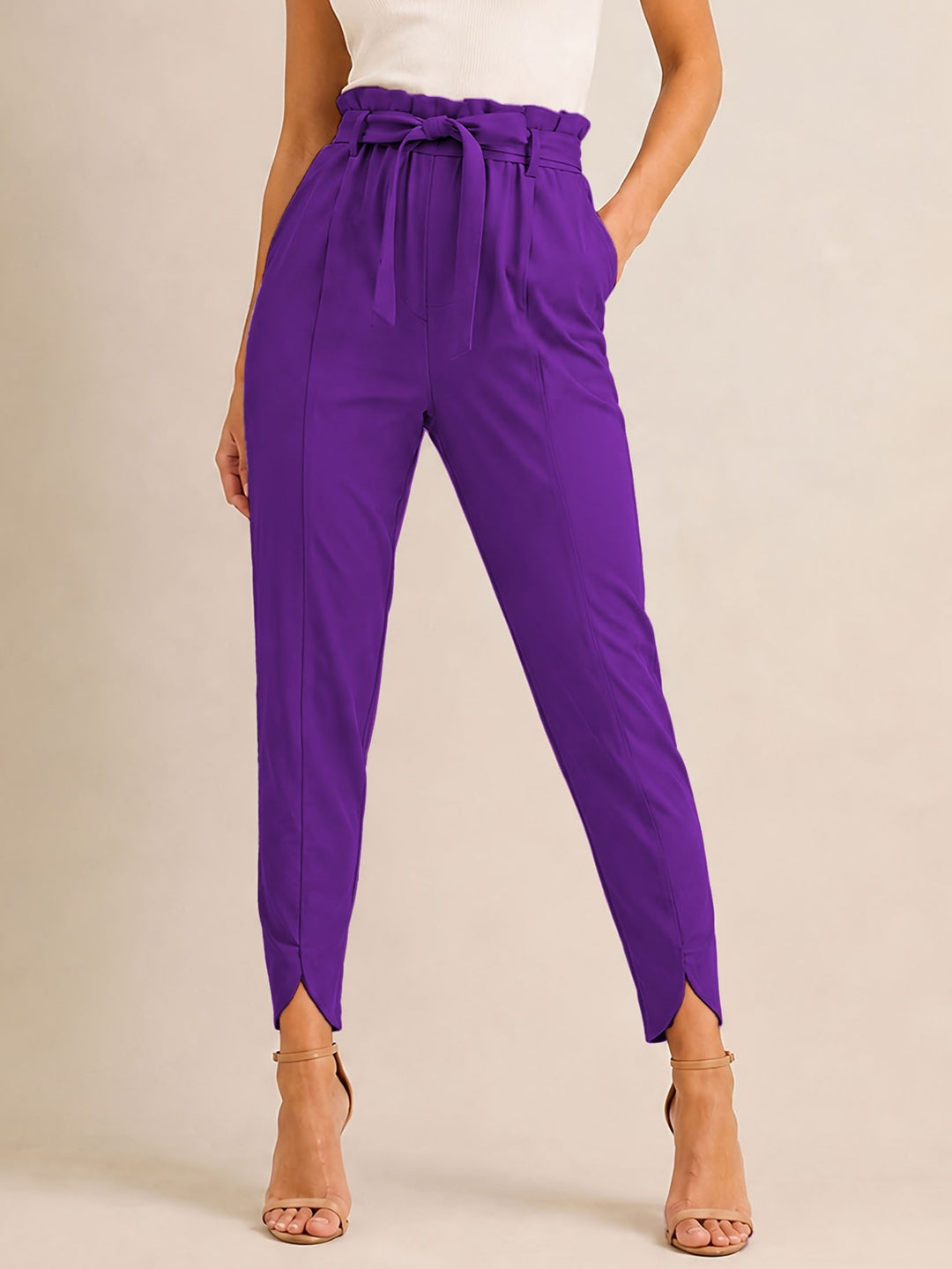 Damen nan hoch taillierte Paperbag-Hose mit Bindegürtel und geschlitztem Knöchelabschluss EB