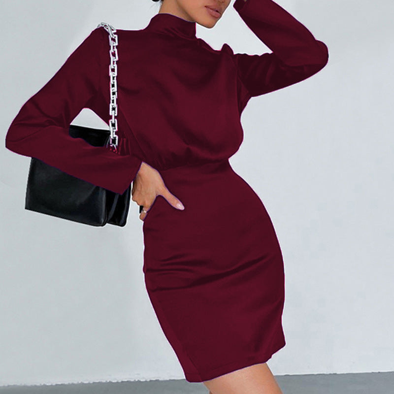 Damen Elegantes Minikleid mit hochgeschlossenem Kragen und langem Ärmel EB