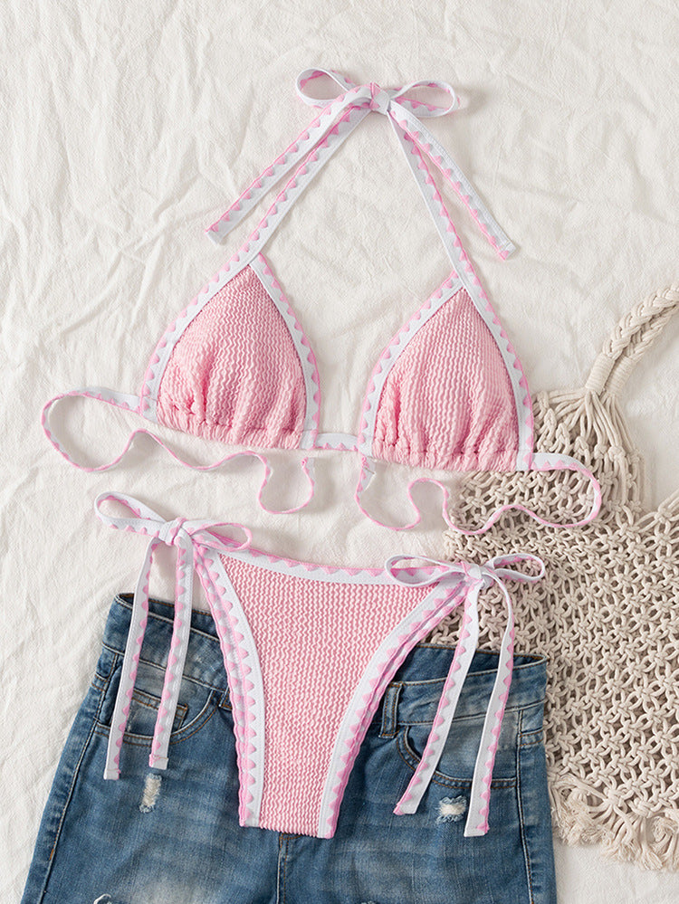 Damen Triangel-Bikini mit verspielten Bindebändern und feiner Struktur EB