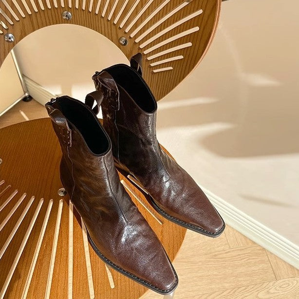 Damen Elegante Ankle Boots mit edler Lederoberfläche und modischem Blockabsatz EB