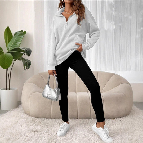 Damen Freizeitlicher Pullover mit kurzem Reißverschluss und Kängurutasche EB