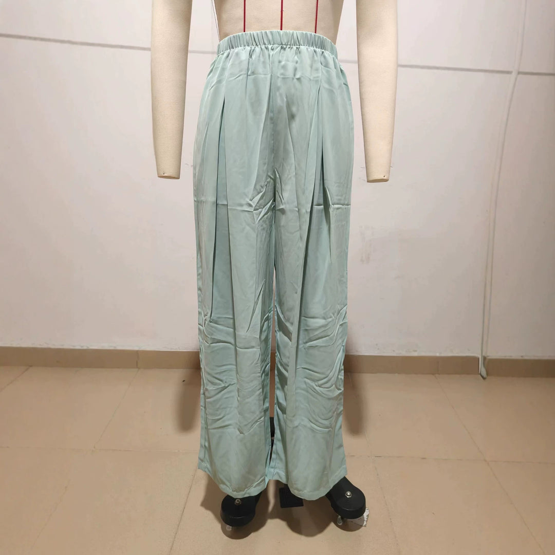 Damen Leichte Satin-Palazzohose mit hohem elastischem Bund und Kellerfalten EB