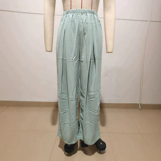 Damen Leichte Satin-Palazzohose mit hohem elastischem Bund und Kellerfalten EB