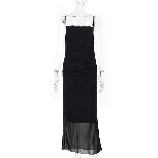 Damen elegantes Maxikleid mit raffinierten Rüschendetails und schmalen Spaghettiträgern EB