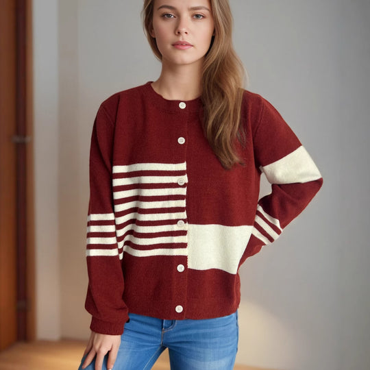 Damen Strickjacke mit modernen Streifenmustern und Knopfverschluss EB