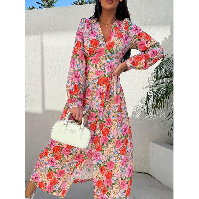 Damen Floral Knopf-Augen Maxi Kleid EB