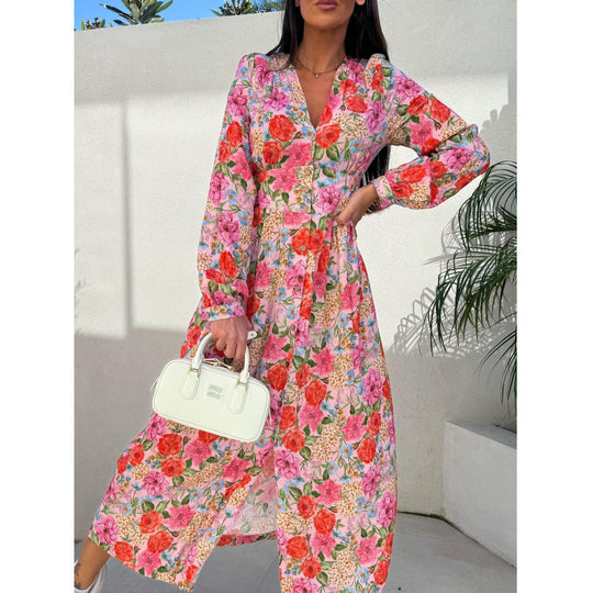 Damen Floral Knopf-Augen Maxi Kleid EB