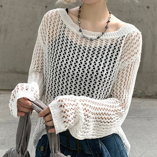 Damen luftiger Strickpullover mit feinem Netzmuster EB