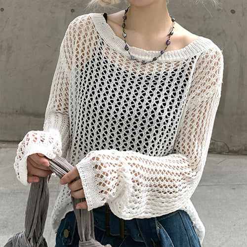Damen luftiger Strickpullover mit feinem Netzmuster EB