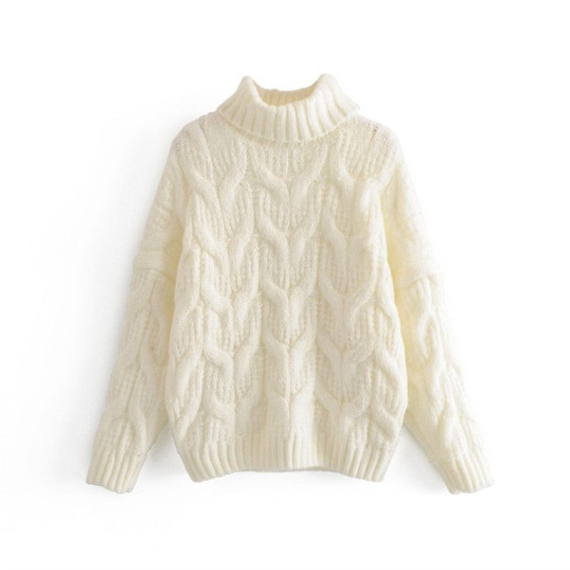 Damen Grobstrickpullover mit hohem Kragen und elegantem Zopfmuster EB