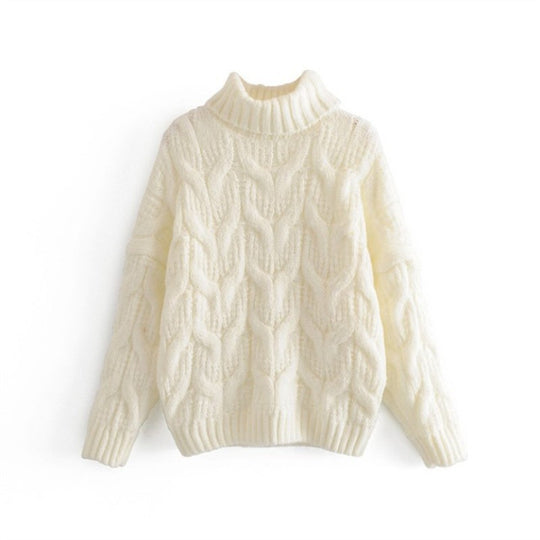 Damen Grobstrickpullover mit hohem Kragen und elegantem Zopfmuster EB
