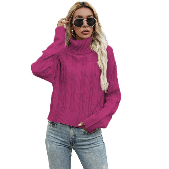 Damen pullover mit hohem Rollkragen und Zopfmuster EB
