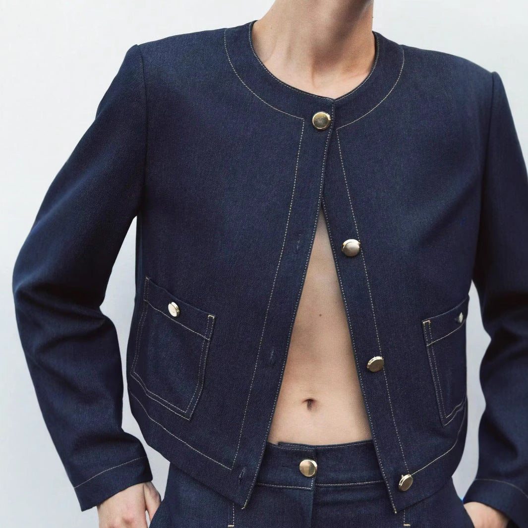Damen cropped Jeansjacke mit aufgesetzten Taschen und eleganter Knopfdetails EB